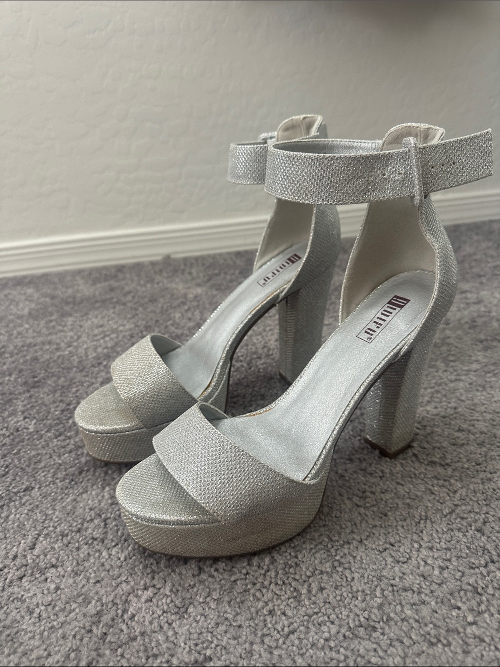 Glitter Platform Ankle-Strap Heels in Silver